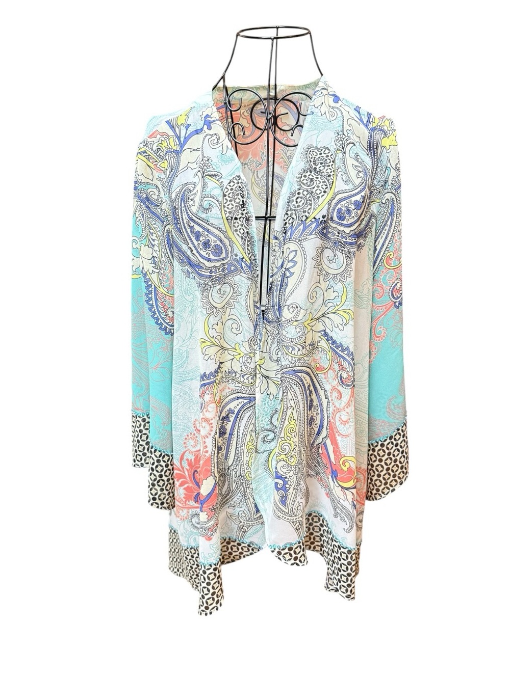 Soft Surroundings Sequin Paisley Tunic Cardi in Turquoise, Coral & Yellow